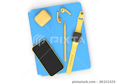 Computer tablet with stylus, smartwatch, phone and headphone on white background Computer tablet with stylus, smartwatch, phone and headphone on white background 86101429