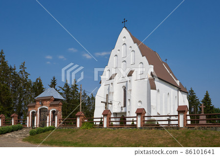 Old ancient Trinity Church in Ishkold village, Baranovichi district, Brest region, Belarus. Trinity Church is the oldest church on the territory of Belarus, was built in 1472. 86101641