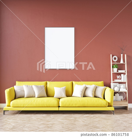 Modern interior of a room with an empty painting. Sofa and large window, wooden floor and wall. Clean lines of interior design. 3D rendering Modern interior of a room with an empty painting. Sofa and large window, wooden floor and wall. Clean lines of interior design. 3D rendering 86101758