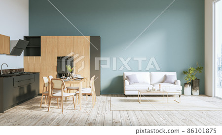 Modern stylish kitchen interior, room with wooden floor, table and sofa. 3D rendering Modern stylish kitchen interior, room with wooden floor, table and sofa. 3D rendering 86101875