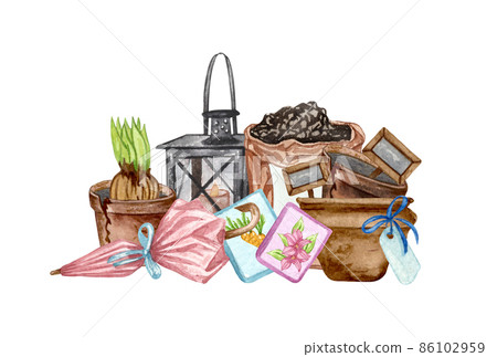 Watercolor set of garden objects a bag of mud, watering can, flowerpot, seeds. Gardening tools. Spring garden illustration. 86102959