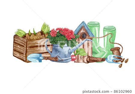 Watercolor set of garden objects a bag of mud, watering can, flowerpot, seeds. Gardening tools. Spring garden illustration. 86102960