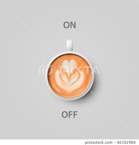 Vector 3d Realistic Off, On Switch with Coffee in White Ceramic, Porcelain Coffee Mug on Whitek. Latte, Capuccino. Coffee Cup Icon. Concept Creative Banner with Coffee Cup. Design Template. Top View 86102966