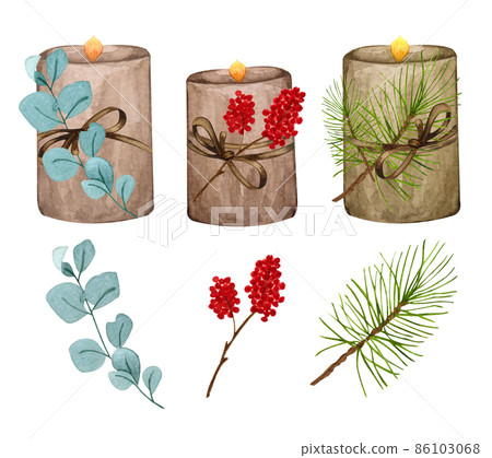Christmas decorations of candles. Watercolor Christmas composition. Watercolor candle with decor set. Hand painted winter illustration. 86103068