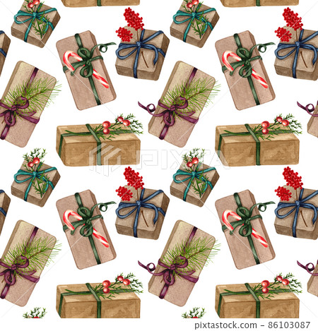 Watercolor seamless pattern with Christmas gift boxes. Hand painted presents in crafting paper with bow isolated on white background. Holiday illustration for design, print, fabric or background Watercolor seamless pattern with Christmas gift boxes. Hand painted presents in crafting paper with bow isolated on white background. Holiday illustration for design, print, fabric or background 86103087