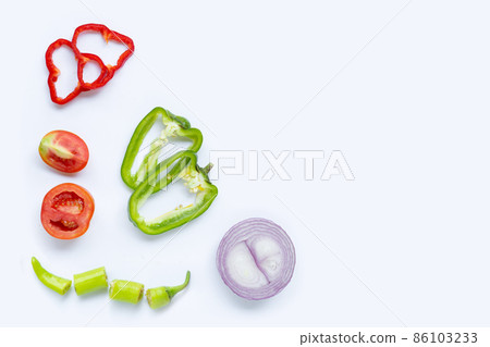 Various fresh vegetables and herbs on white background. 86103233