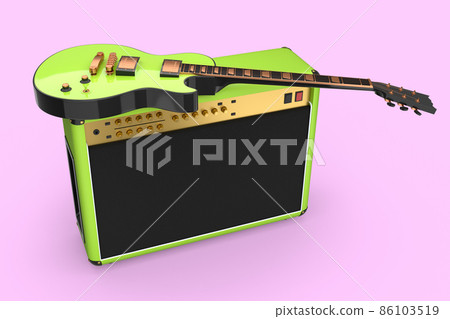Classical amplifier with electric or acoustic guitar isolated on pink background. 3d render of amplifier for recording bass guitar in studio or rehearsal room, concept for rock festival poste Classical amplifier with electric or acoustic guitar isolated on pink background. 3d render of amplifier for recording bass guitar in studio or rehearsal room, concept for rock festival poste 86103519