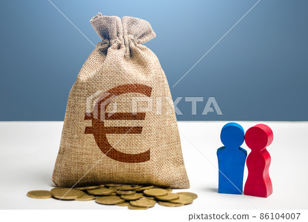Couple figurines and euro money bag. Social policy to encourage family creation. Segmentation. Marketing and targeting. Demographic grant. Investments. Budget. Social research, consumer preferences. 86104007