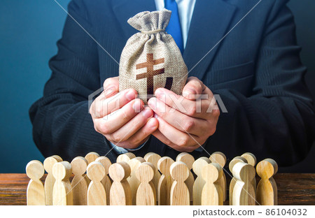 Businessman holds out a turkish lira money bag to the crowd. Official. Staff maintenance. Financial support. Tax collection. Share profit. Providing money, paying salaries. Compensation payments. 86104032