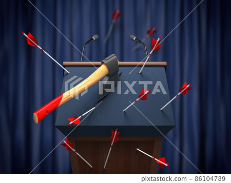 Critics and disagreement with politician speech on debates concept. Tribune with axe and arrows. 86104789