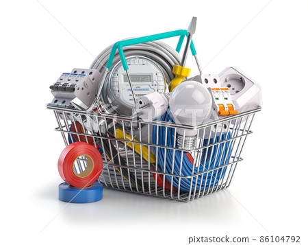 Shopping cart full of electrical components and equipment isolated on white. 86104792