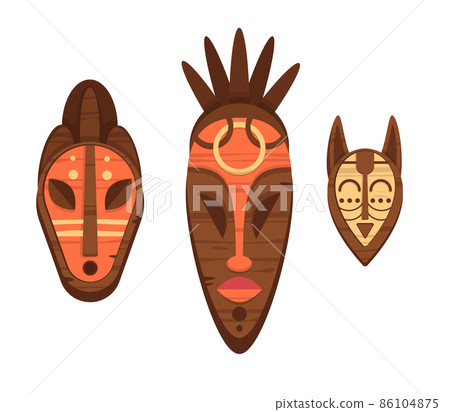 Vector cartoon style set of African masks Vector cartoon style set of African masks 86104875