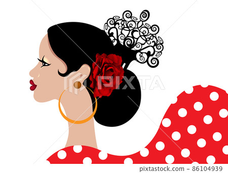 beautiful portrait Spanish Latin woman, hairstyles for flamenco girl wearing folk accessories peineta, red rose flower and earrings, polka dot dress, vector isolated on white background beautiful portrait Spanish Latin woman, hairstyles for flamenco girl wearing folk accessories peineta, red rose flower and earrings, polka dot dress, vector isolated on white background 86104939