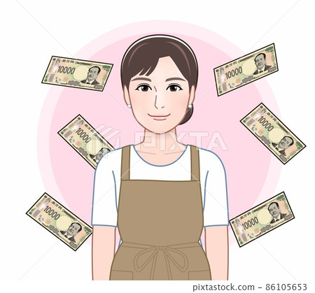 一位女士正在考慮一張新的 10,000 日元紙幣 86105653