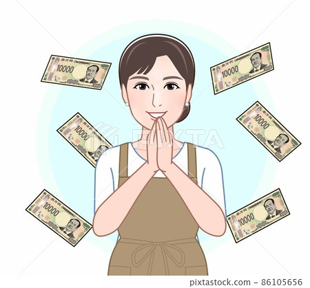 一位女士正在考慮一張新的 10,000 日元紙幣 一位女士正在考慮一張新的 10,000 日元紙幣 86105656