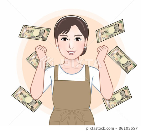 一位女士正在考慮一張新的 10,000 日元紙幣 86105657