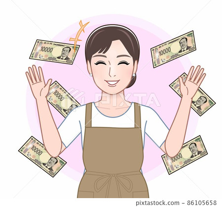 一位女士正在考慮一張新的 10,000 日元紙幣 86105658