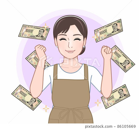 一位女士正在考慮一張新的 10,000 日元紙幣 86105669