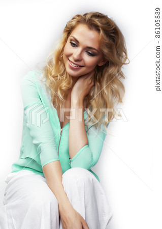 young pretty stylish blond girl posing emotional isolated on white background happy smiling cool smile, lifestyle people concept young pretty stylish blond girl posing emotional isolated on white background happy smiling cool smile, lifestyle people concept 86105889