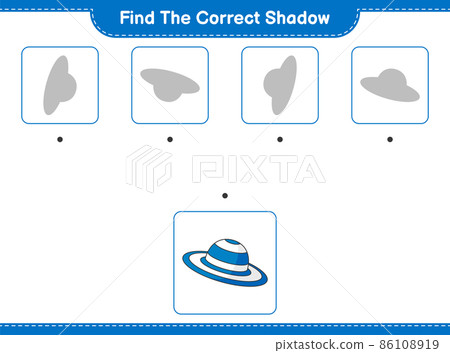 Find the correct shadow. Find and match the correct shadow of Summer Hat. Educational children game, printable worksheet, vector illustration 86108919