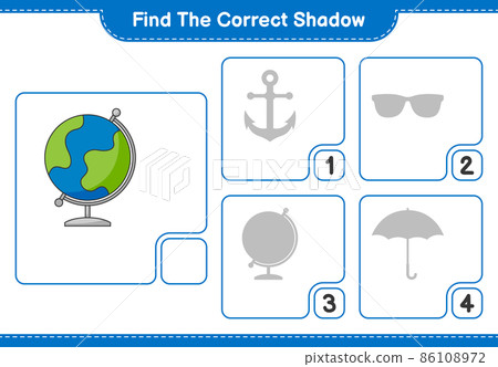 Find the correct shadow. Find and match the correct shadow of Globe. Educational children game, printable worksheet, vector illustration 86108972