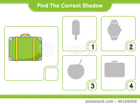 Find the correct shadow. Find and match the correct shadow of Luggage. Educational children game, printable worksheet, vector illustration Find the correct shadow. Find and match the correct shadow of Luggage. Educational children game, printable worksheet, vector illustration 86109008