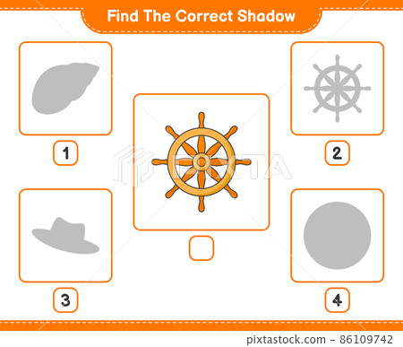 Find the correct shadow. Find and match the correct shadow of Ship Steering Wheel. Educational children game, printable worksheet, vector illustration 86109742