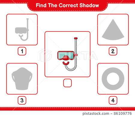 Find the correct shadow. Find and match the correct shadow of Scuba Diving Mask. Educational children game, printable worksheet, vector illustration Find the correct shadow. Find and match the correct shadow of Scuba Diving Mask. Educational children game, printable worksheet, vector illustration 86109776