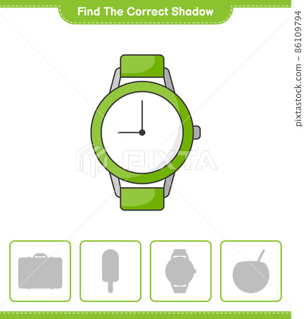 Find the correct shadow. Find and match the correct shadow of Watches. Educational children game, printable worksheet, vector illustration Find the correct shadow. Find and match the correct shadow of Watches. Educational children game, printable worksheet, vector illustration 86109794