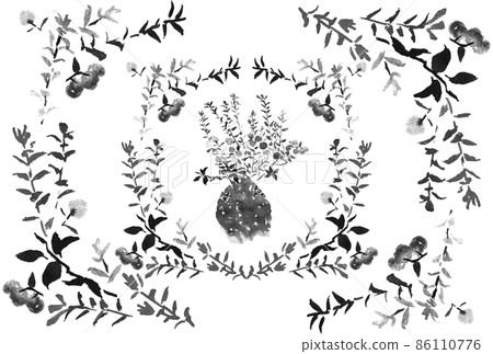 A set of vegetation written with a brush, monochrome with bonsai A set of vegetation written with a brush, monochrome with bonsai 86110776
