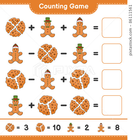 Counting game, count the number of Cookies, Gingerbread Man and write the result. Educational children game, printable worksheet, vector illustration 86111561