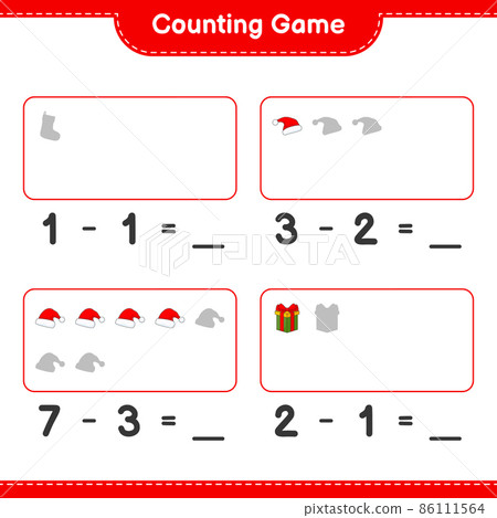 Counting game, count the number of Santa Hat, Gift Box, Christmas Sock and write the result. Educational children game, printable worksheet, vector illustration 86111564