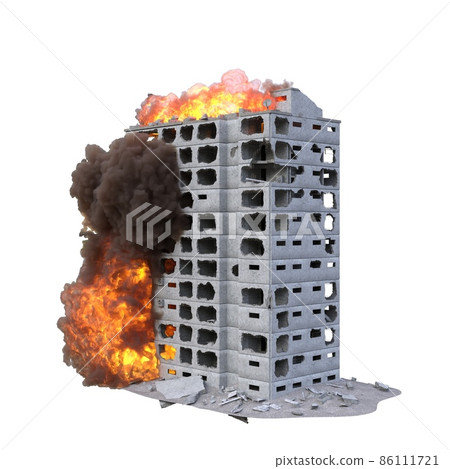 Ruined building in flames isolated on white 3d illustration Ruined building in flames isolated on white 3d illustration 86111721