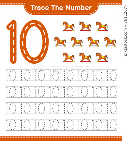 Trace the number. Tracing number with Rocking Horse. Educational children game, printable worksheet, vector illustration 86112677