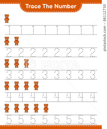 Trace the number. Tracing number with Teddy Bear. Educational children game, printable worksheet, vector illustration 86112730