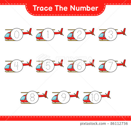 Trace the number. Tracing number with Helicopter. Educational children game, printable worksheet, vector illustration 86112736