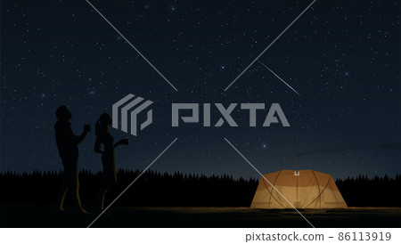 a lover that have separated from the group to outside the tent and is casually drinking a coffee and looking up to see the stunning view of a starry sky a lover that have separated from the group to outside the tent and is casually drinking a coffee and looking up to see the stunning view of a starry sky 86113919
