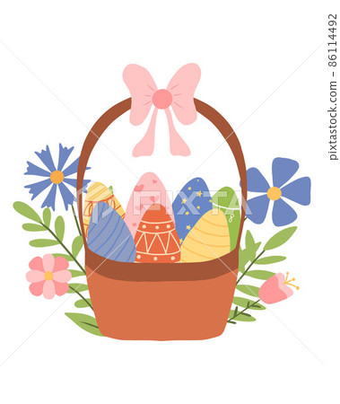 Illustration of a basket with a bow and easter eggs. Vector illustration. Cute illustration of a basket with decorated eggs. Illustration of a basket with a bow and easter eggs. Vector illustration. Cute illustration of a basket with decorated eggs. 86114492