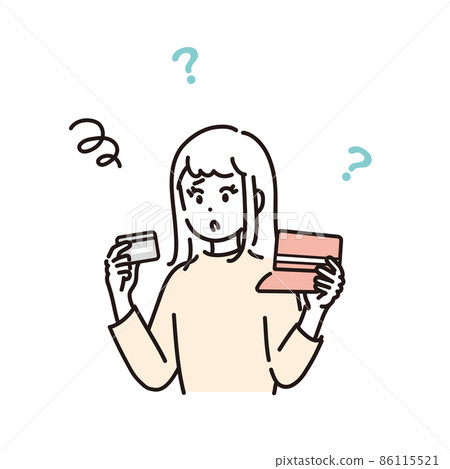 Illustration material of a woman who is worried by comparing a card and a passbook 86115521