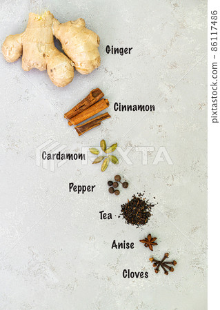 Ingredients for Indian masala tea on a white background. With inscriptions Ingredients for Indian masala tea on a white background. With inscriptions 86117486