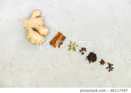 Ingredients for Indian masala tea on white background 86117497