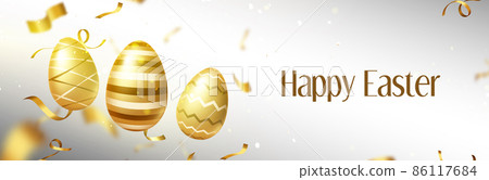 Happy Easter banner with gold eggs and confetti Happy Easter banner with gold eggs and confetti 86117684