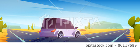 Car on road fork in desert. Direction choice 86117689