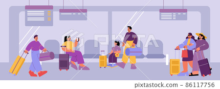 Airport terminal with people with suitcases Airport terminal with people with suitcases 86117756