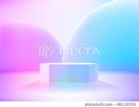 Bright studio with white podium and neon glow... - Stock Illustration ...