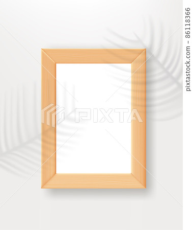 Empty wood frame on the table with palm leaves shadows. 3d vertical vector mockup for design 86118366