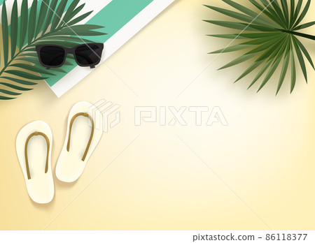 Travelers things on a beach. Sunglasses, towel with stripes, palm leaves and slippers on a sand 86118377