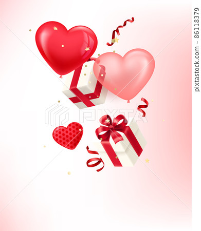 Valentines day card with falling gift boxes and air balloons Valentines day card with falling gift boxes and air balloons 86118379