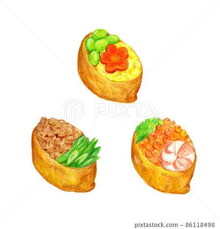 手繪水彩插圖，描繪了三張展開的稻荷壽司（可愛食物，日本食品素材） 86118498