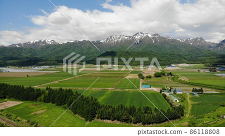 到了新綠季節的農田和積雪的蘆別山 86118808
